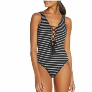 robin piccone sailor stripe lace up plunge one piece swimsuit sz 12 nwot